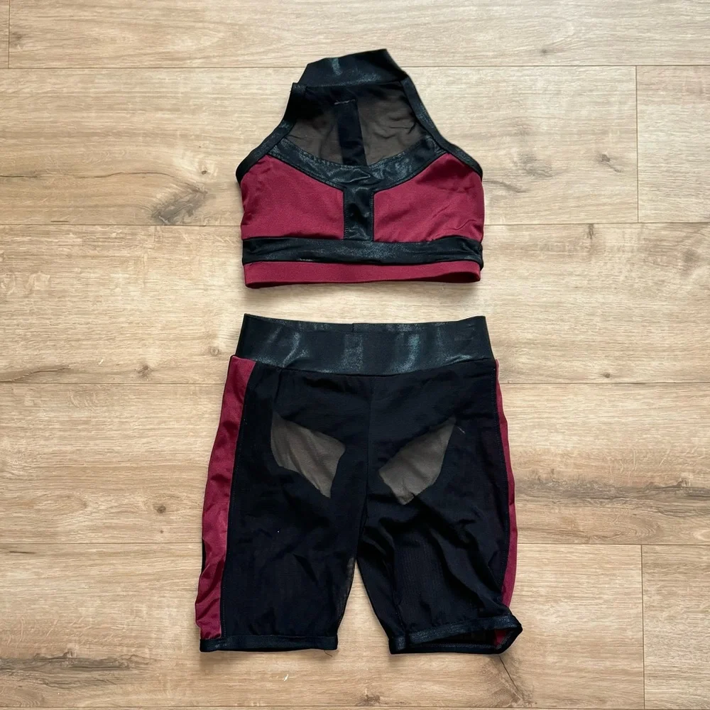 Girls preteen dance costume black and maroon halter top short set